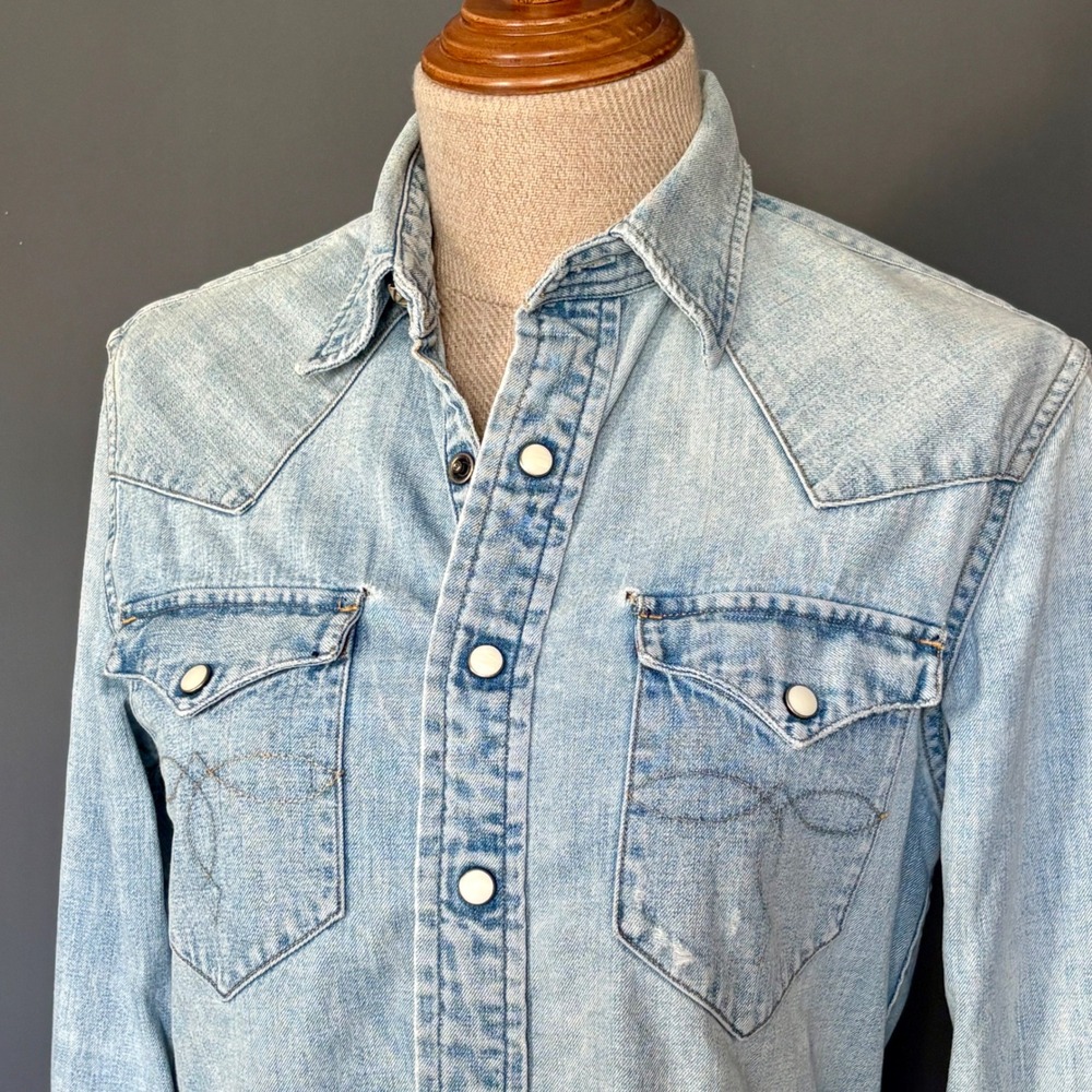 RRL Ralph Lauren Buffalo Western Pearl Snap Shirt | Boot Stitch | Sz 2 | Denim
